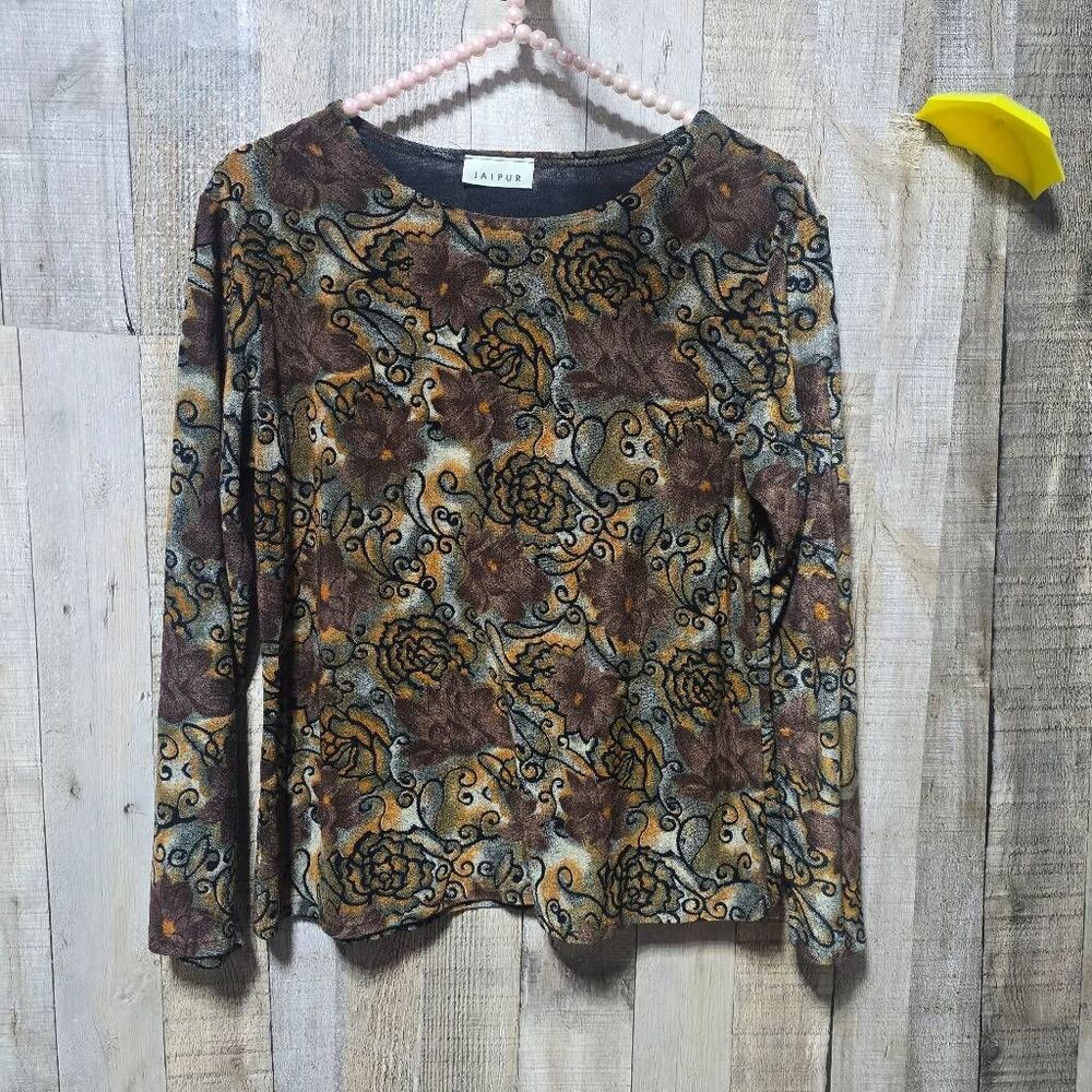 Jaipur Vintage Y2K Brown Floral Artsy Tee Large Gorpcore Trendy Wearable Art